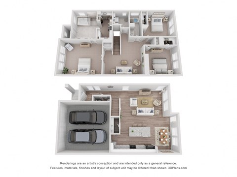 a stylized floor plan of a 3 bedroom apartment